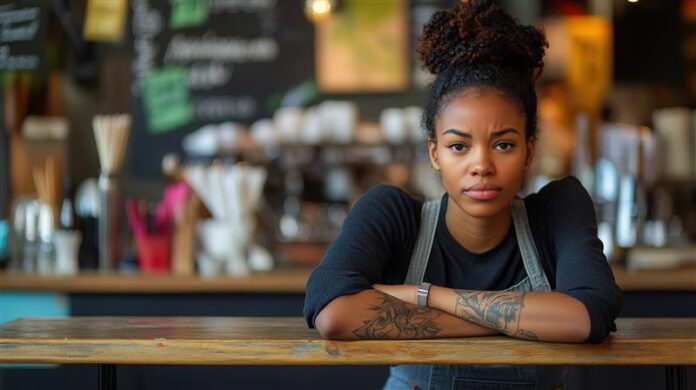 A young woman leaning on a counter with her arms crossed, looking slightly frustrated and overwhelmed, as if facing a challenging decision or too many options.
