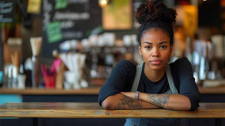 A young woman leaning on a counter with her arms crossed, looking slightly frustrated and overwhelmed, as if facing a challenging decision or too many options.