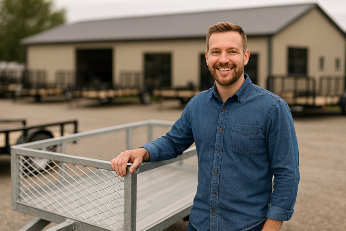 Young man smiling while standing beside a utility trailer outside a trailer sales lot.